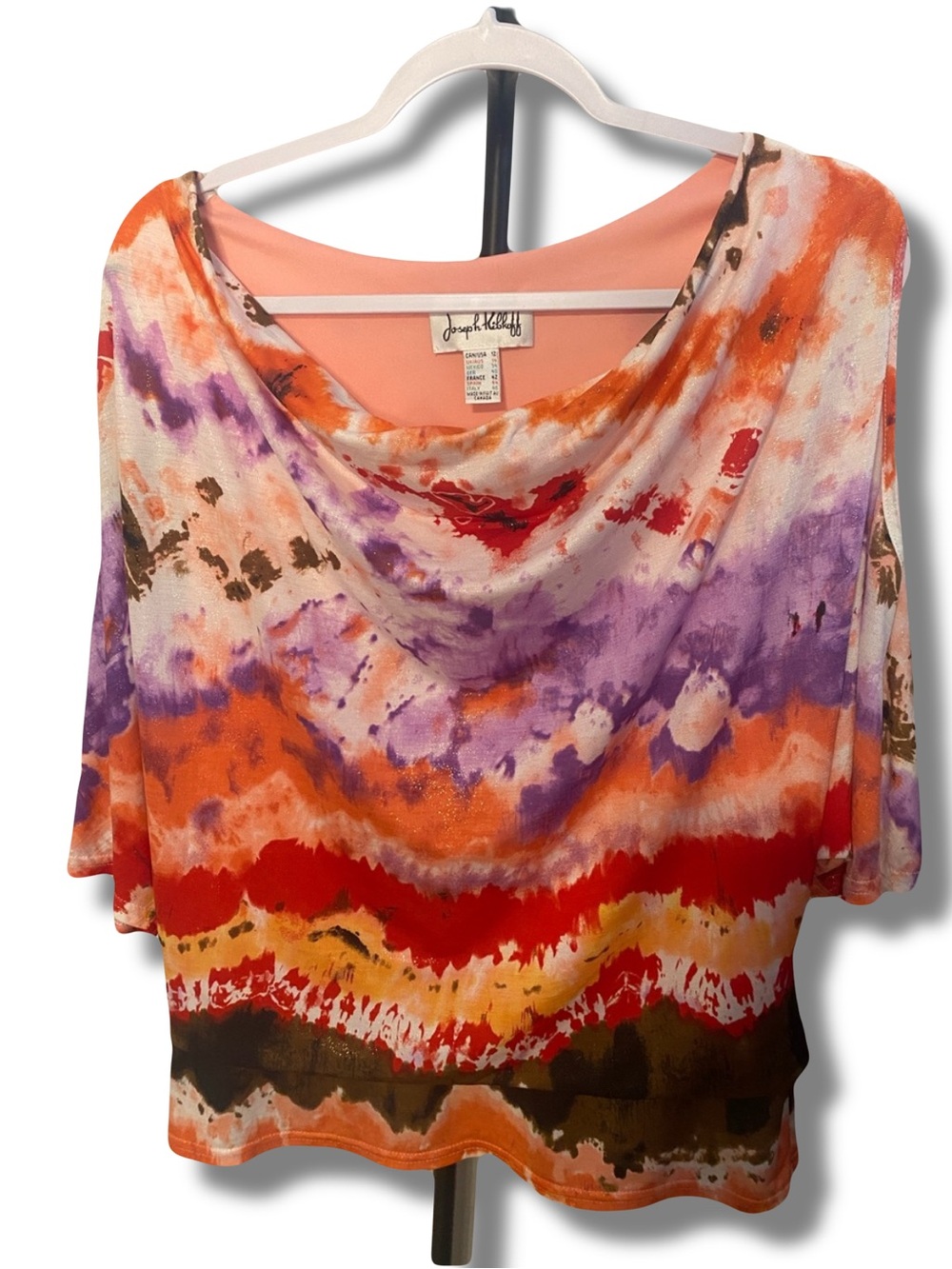 Joseph Ribkoff Colorful Watercolor Cowl Neck‎ Top - Orange, Purple, Red